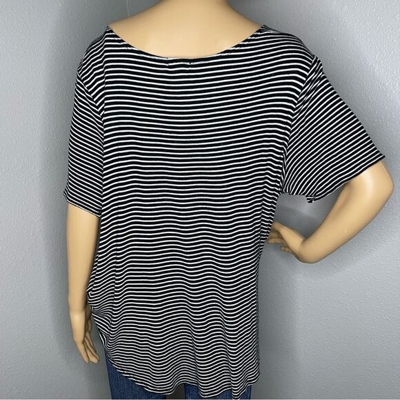 BP Deep V Neck Faux Wrap Draped Short Sleeve Striped Blouse Black White SZ Large - Picture 7 of 12